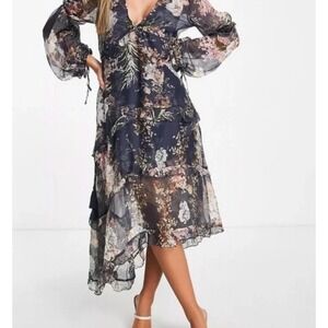 Spring Floral Midi Dress Blue Romantic Chiffon Boho Sz 8 Cottagecore ASOS Fairy